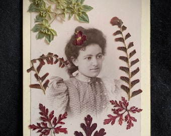 Parisian Girl with Pressed Leaves- CDV Photo - Collage - Mixed Media Assemblage