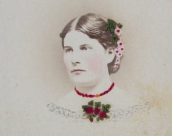 Antique CDV Photograph, Wisconsin Girl with Flowers, 1800s Tinted Portrait