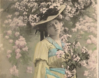 French Postcard - Woman with Pink Flowers - Antique Photo  - Straw Hat - Victorian - Antique Photo