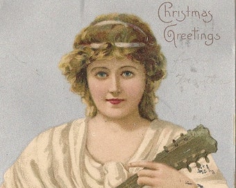 Early Victorian Christmas Postcard Blond Girl in Pink Gown with Lute  - Holly 1906 - Vintage Postcard