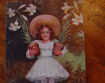 Easter Postcard Girl with White Easter Lilies - Lily - Vintage Postcard - Plant - Spring