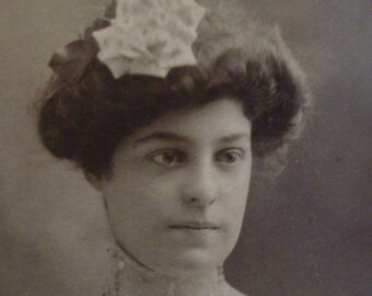 Gibson Girl Antique Cabinet Photo – Sequin Gown, Rose Hair Adornment