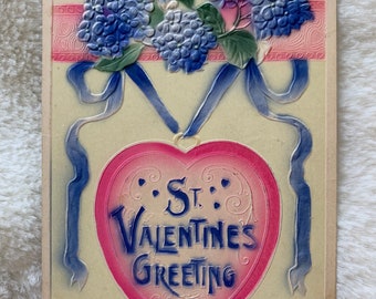 Vintage Valentine Postcard -1915 - Heart - Hydrangeas - Antique