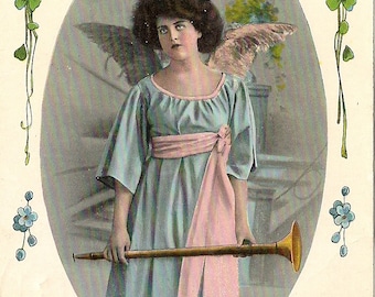 Antique Tinted Photo Postcard - Edwardian Angel Girl in Pink and Blue with Horn - Forget Me Not Flowers
