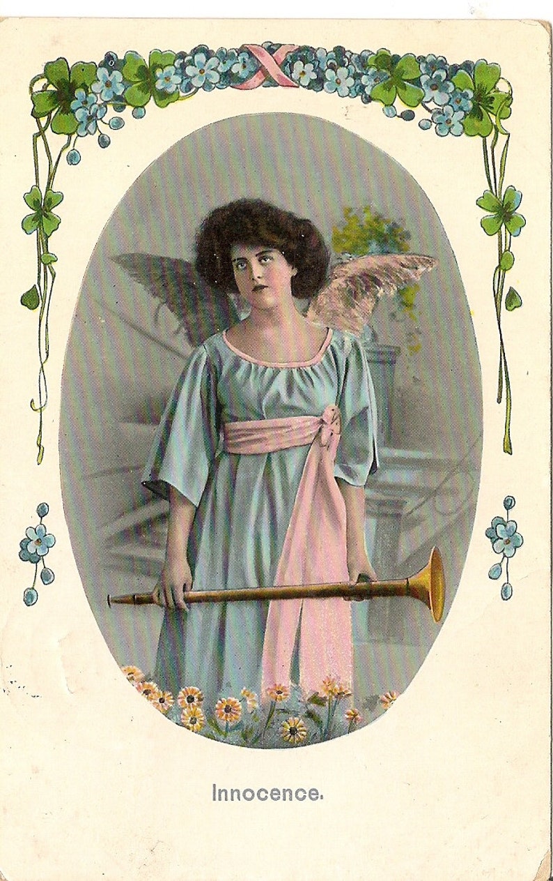 Antique Tinted Photo Postcard Edwardian Angel Girl in Pink and Blue with Horn Forget Me Not Flowers image 1