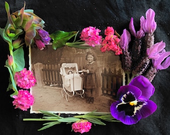 Antique Photo - Sweet Girl with Doll in Pram - Snapshot