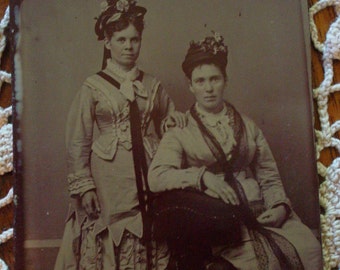 Antique Tintype Photo -  Girls in Elaborate Flowered Hats and Dresses - Civil War Era - Antique Photo - Old Photo