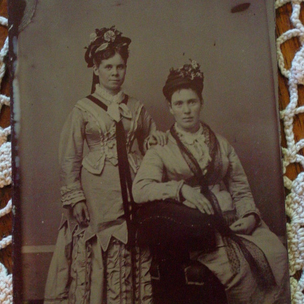 Antique Tintype Photo -  Girls in Elaborate Flowered Hats and Dresses - Civil War Era - Antique Photo - Old Photo