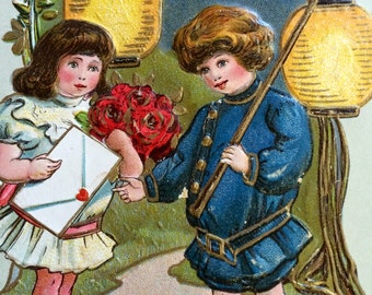 Vintage Valentine Postcard - Boy and Girl with Lanterns - Red Roses  - Vintage Postcard