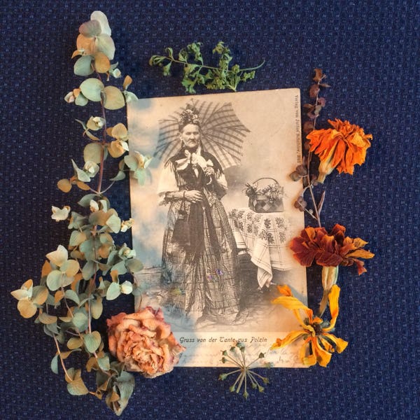 Antique Photo Postcard - Woman with Parasol - Flower Basket - Old Photo - Photography