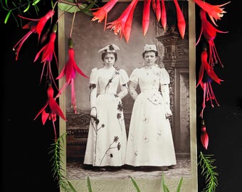 Antique Cabinet Photo - Flower Bedecked Girls - Brookfield, Missouri - Victorian Photo