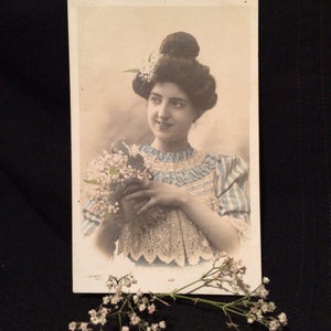 French Postcard Woman with Lily of the Valley Bouquet- Blue and White Lace Dress - Victorian Postcard  - Antique Photo