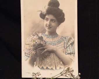 French Postcard Woman with Lily of the Valley Bouquet- Blue and White Lace Dress - Victorian Postcard  - Antique Photo