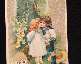 Victorian Valentine Postcard -   Boy Girl - Foxgloves  - Flowers - Heart