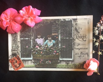 French Postcard - Women - Window Box Flowers - Paris
