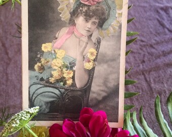 Lovely  Lady - Pastel Tinted - with Flowers - Victorian Postcard - Pink -Blue - Yellow - Woman