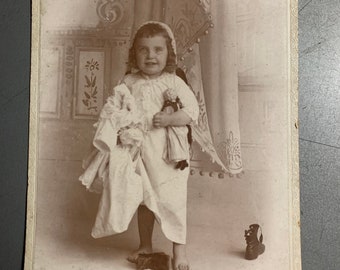 Cabinet Photo - Girl and Antique Doll - Benedict of Canton, PA  - Antique Photo