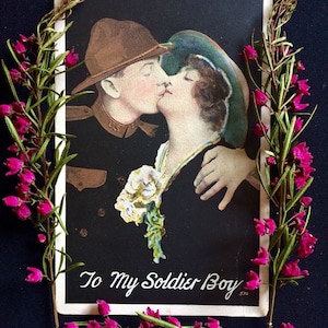 Vintage WWI Postcard - Soldier and Woman Kiss - Romantic Postcard - Kissing - Illustration