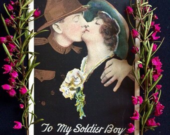 Vintage WWI Postcard - Soldier and Woman Kiss - Romantic Postcard - Kissing - Illustration