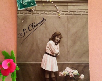 French Photo Postcard - Girl with Basket of Roses