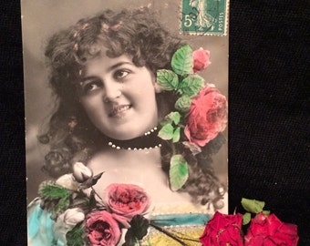 Antique French Real Photo Postcard - Woman with Pink Roses