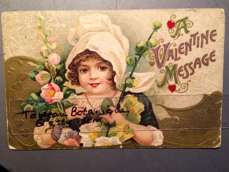 Girl with Hollyhocks Vintage Valentine Postcard Flowers Hearts
