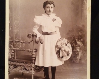 Antique Cabinet Card Photo – Girl with Straw Hat, Bancroft Iowa