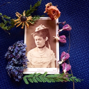 Cdv Antique Photo Beautiful Woman Flowered Straw Hat Rose Carte de Visite Sepia Antique Photo image 1