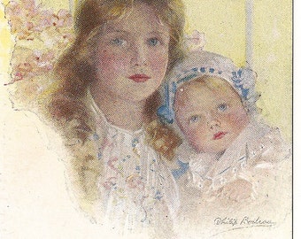 Victorian Postcard - Sisters - Girl and Baby Girl - " Peach Blossoms " Illustration  by Philip Boileau - Vintage Postcard