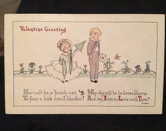 Valentine Postcard - Girl with Parasol and Boy - Vintage Postcard - IIlustration
