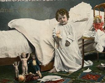 Christmas Postcard Girl and her Dolls - 1913 - Vintage Postcard