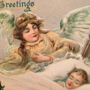 Christmas  Postcard - Angel Girl and Baby - Holly Leaves - Illustration - Vintage Postcard