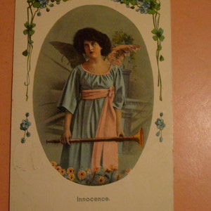 Antique Tinted Photo Postcard Edwardian Angel Girl in Pink and Blue with Horn Forget Me Not Flowers image 2