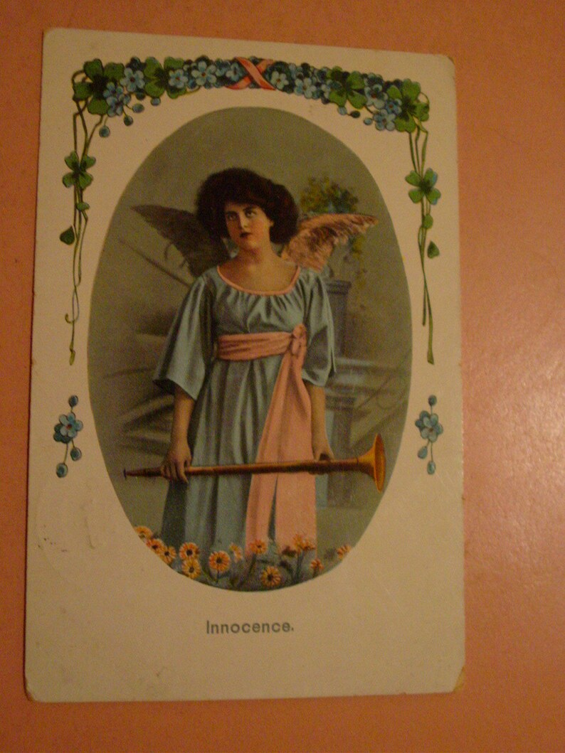 Antique Tinted Photo Postcard Edwardian Angel Girl in Pink and Blue with Horn Forget Me Not Flowers image 2