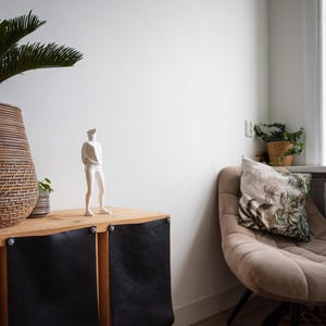 Può includere: Interno di una stanza con un grande cesto intrecciato contenente una pianta di palma, una statuina bianca e una poltrona beige. Un cuscino con stampa botanica poggia sulla sedia. La stanza ha una palette di colori neutri.