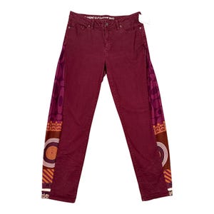 Upcycled Burgundy Denim Barrel Pants | Sari Print Panel, Size 12