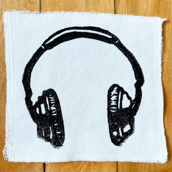 Hand Printedm Linocut Headphones Patch