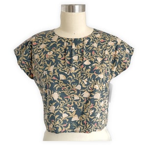 Upcycled Floral Crop Top: Reworked Cotton Blouse, Button Back