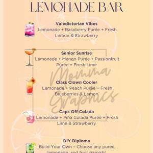 Lemonade Bar Menu Printable Non-Alcoholic Drink Station Sign Graduation Summer Party Decor Instant Download