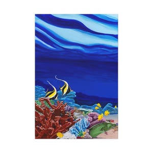 May include: An underwater scene painting featuring two yellow and black Moorish Idol fish swimming above a colorful coral reef. The reef includes red, purple, and blue coral, with yellow fish and a green eel. The background is a deep blue ocean.