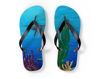 Tongs sur le thème de l'océan avec baleine à bosse, sandales de plage, chaussures d'été, style aquarelle, indispensables pour les vacances, ambiance récif de corail