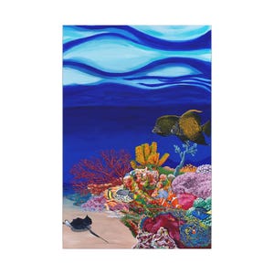 May include: A vibrant painting of an underwater scene featuring a colorful coral reef with various fish and a stingray. The artwork showcases a deep blue ocean with light blue waves at the top. The reef is filled with red, orange, and purple coral.