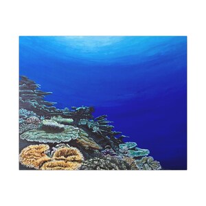 May include: An underwater painting depicts a vibrant coral reef against a deep blue ocean backdrop. The coral features a variety of colors, including yellow, green, and purple, creating a dynamic and colorful scene. The artwork evokes a sense of depth and tranquility.