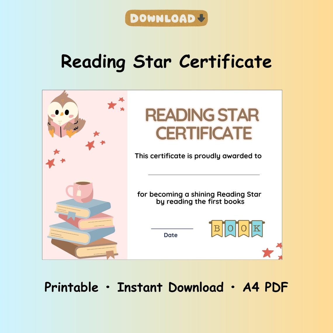 Reading Star Certificate | Printable Award for Kids | Digital Download ...