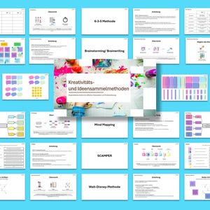 Puede incluir: Una colección de diapositivas sobre un fondo azul, que muestra varias técnicas de lluvia de ideas y generación de ideas. Las diapositivas presentan diagramas, gráficos y texto, incluyendo "6-3-5 Methode", "Brainstorming/Brainwriting", "Mind Mapping" y "SCAMPER". La diapositiva central muestra el título "Kreativitäts- und Ideensammelmethoden".