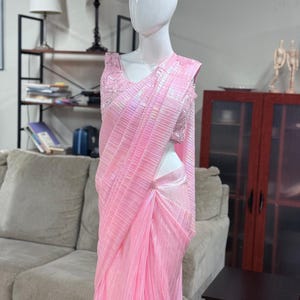Pre-Stitched Pink Saree with Shimmer Blouse – One Minute Ready to Wear | Lightweight Party Wear Saree | Gift for Her | Handmade