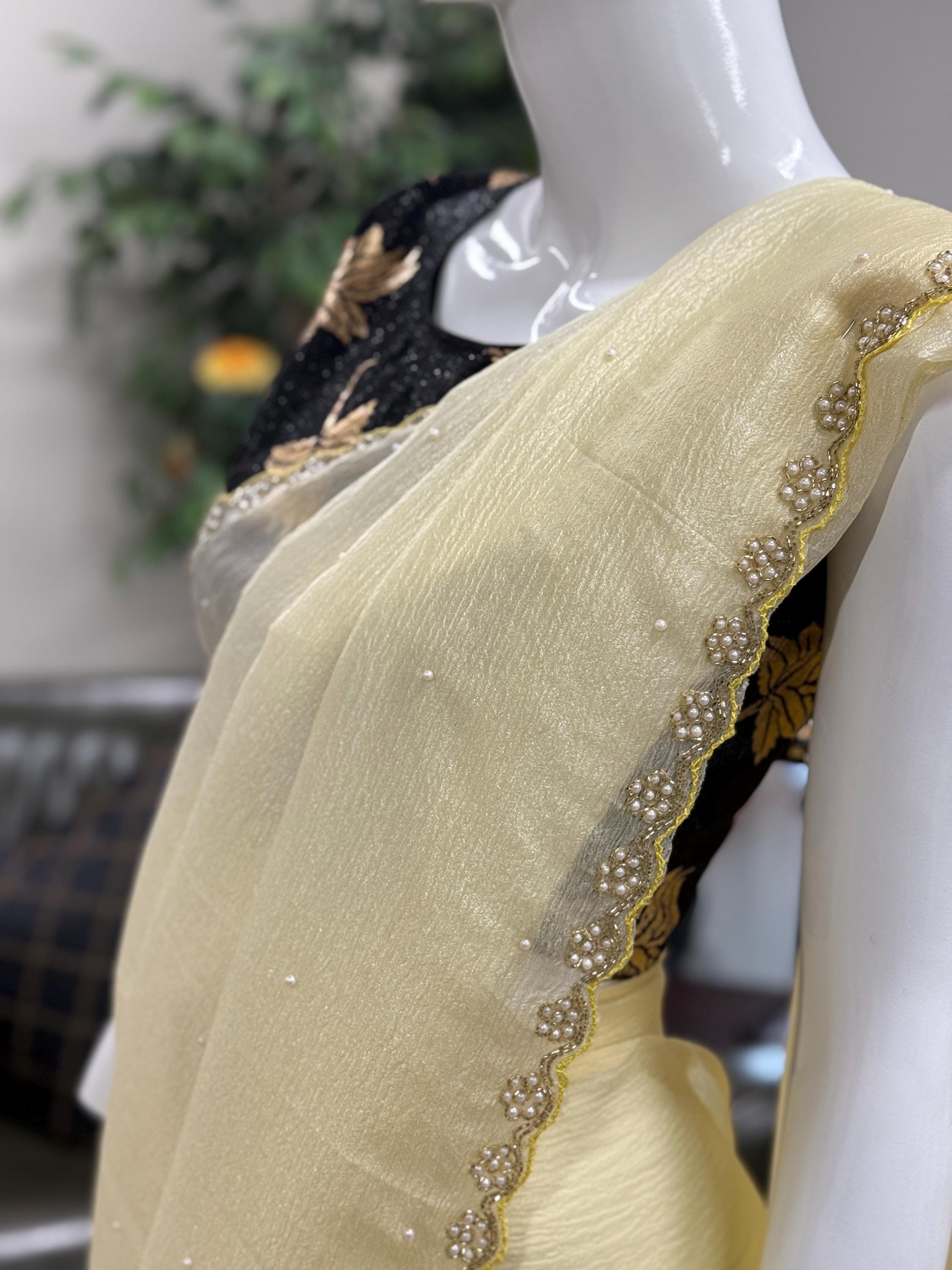 Pastel Pre-Draped Ruffled Belted Saree with Pearl Embellishments