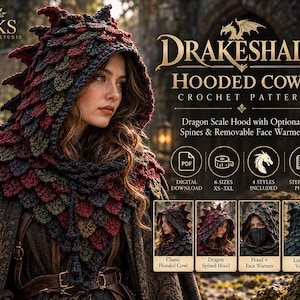 May include: A crochet pattern for a Drakeshade hooded cowl featuring a dragon scale design in dark red, green, and charcoal. The digital PDF includes instructions for 6 sizes, 4 styles with optional spines and a removable face warmer.