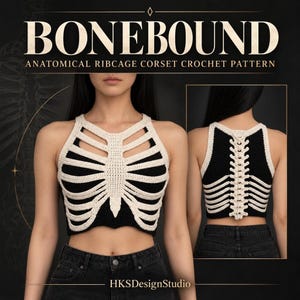 Modello per top all'uncinetto con gabbia toracica, corsetto anatomico a scheletro, stile gotico per Halloween (PDF), taglie XS–5XL