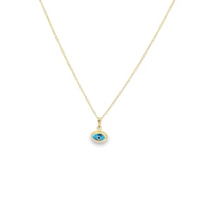 14K Solid Gold Blue Evil Eye Necklace – Real Gold Eye Pendant – Dainty Protection Necklace – Lucky Charm Jewelry – Fine Gold Gift for Her